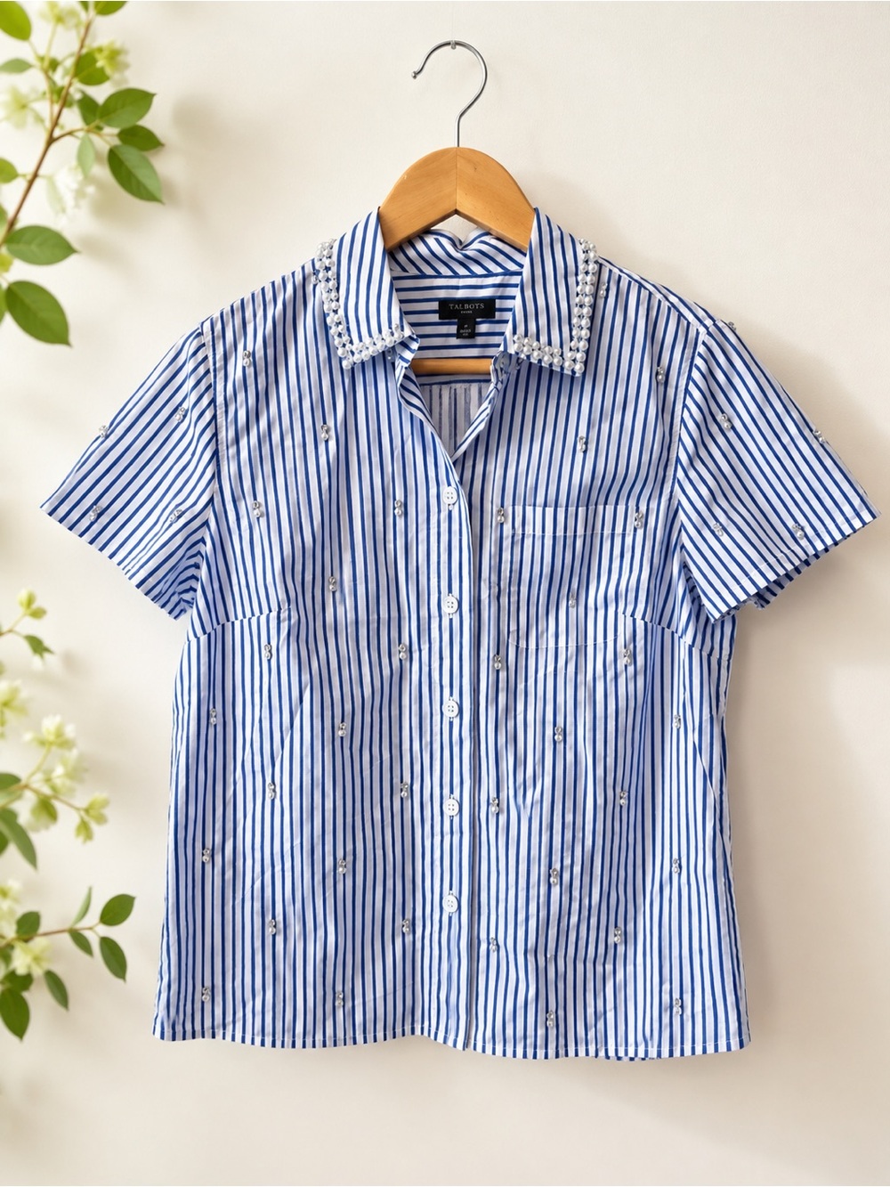 Talbots Petite P Pearl Rhinestone Striped Button Down Shirt Blue White NWOT